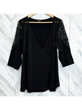 Torrid Wrap Blouse Top Black Lace V-Neck 3/4 Sleeve Womens Plus Size 3X